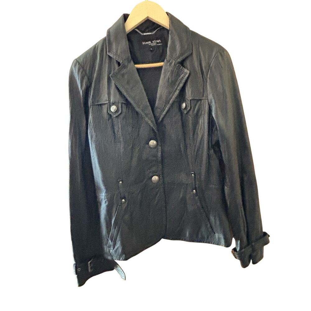 Black Rivet Women’s Black Leather Moto Jacket Sz L Missing Belt Bikercore
